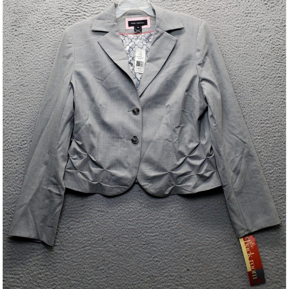 Pink Tartan Blazer Jacket Womens 10 Gray Ruched Back Shoulder Pads NOS